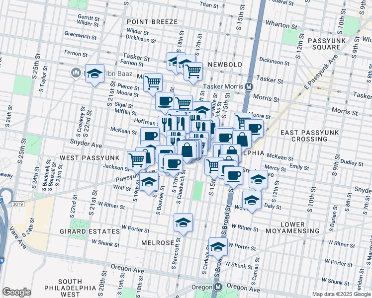map of restaurants, bars, coffee shops, grocery stores, and more near 2022 South Chadwick Street in Philadelphia
