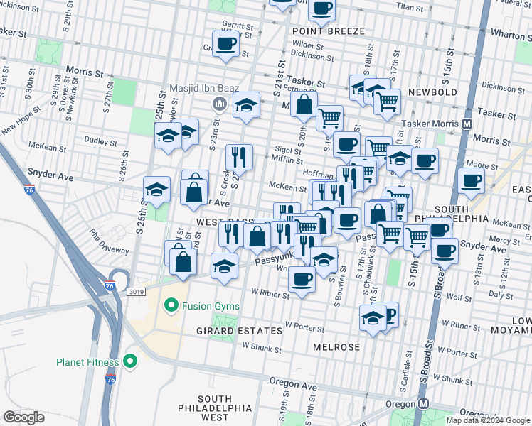 map of restaurants, bars, coffee shops, grocery stores, and more near 2100 South Lambert Street in Philadelphia