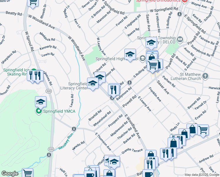 map of restaurants, bars, coffee shops, grocery stores, and more near 20 Wayfield Road in Springfield