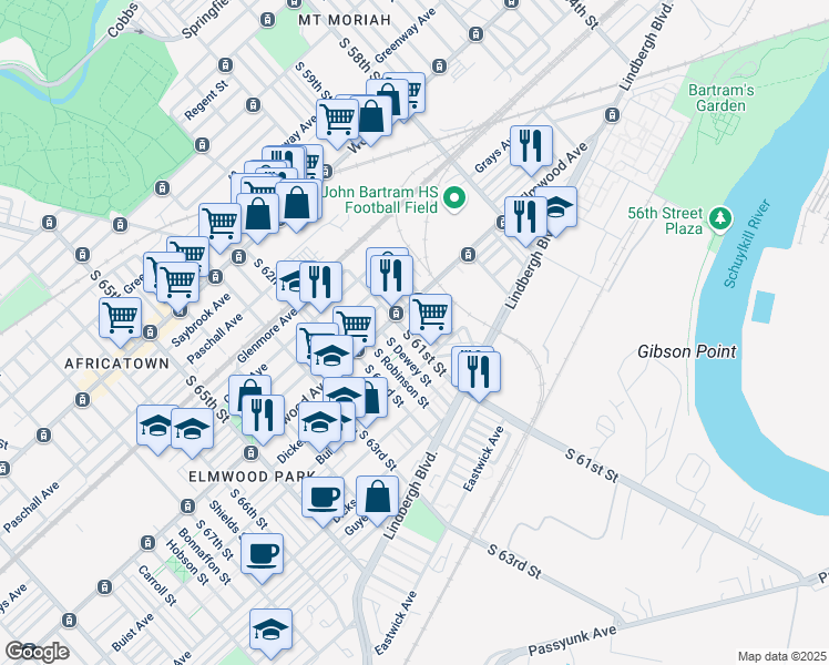 map of restaurants, bars, coffee shops, grocery stores, and more near 2529 South 61st Street in Philadelphia