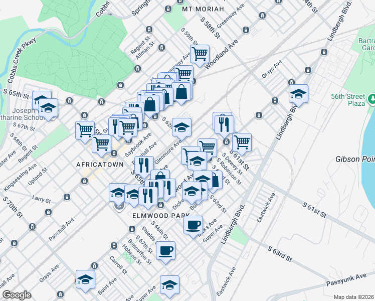 map of restaurants, bars, coffee shops, grocery stores, and more near 6212 Grays Avenue in Philadelphia