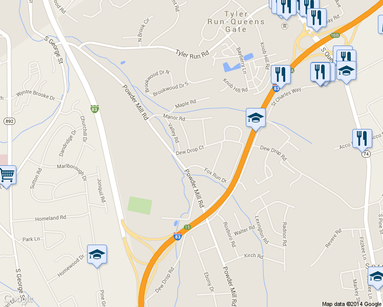 map of restaurants, bars, coffee shops, grocery stores, and more near 20 Dew Drop Court in York