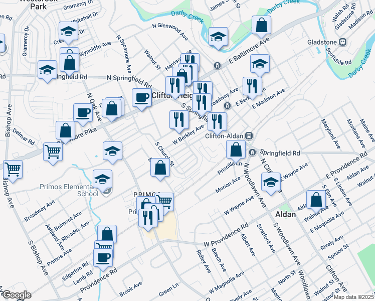 map of restaurants, bars, coffee shops, grocery stores, and more near 102 West Madison Avenue in Clifton Heights