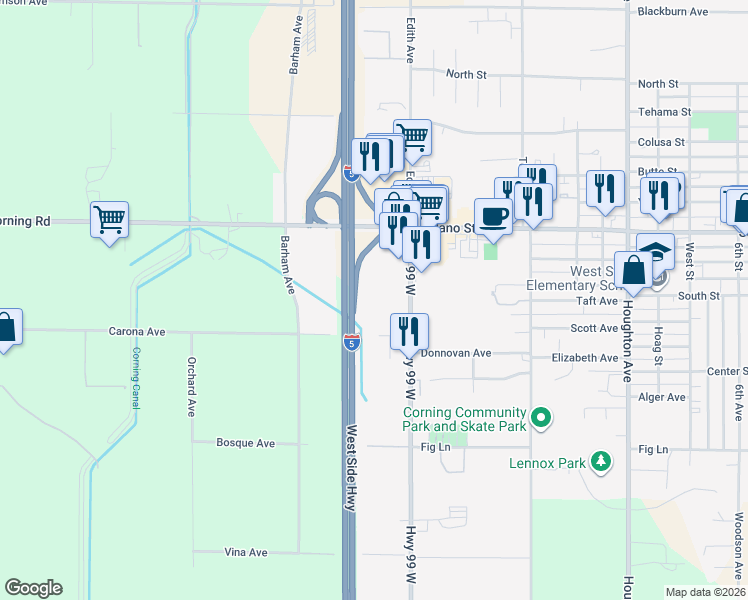 map of restaurants, bars, coffee shops, grocery stores, and more near State Highway 99w in Corning