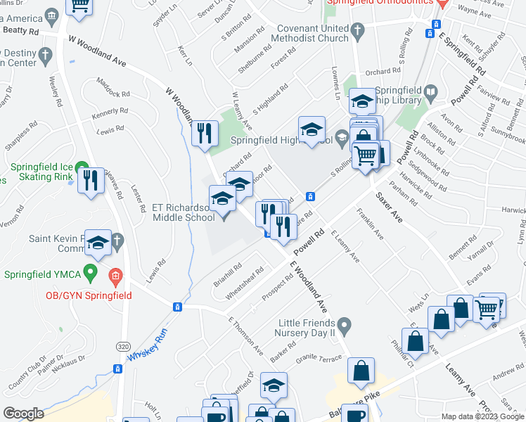 map of restaurants, bars, coffee shops, grocery stores, and more near 20 Wayfield Road in Springfield