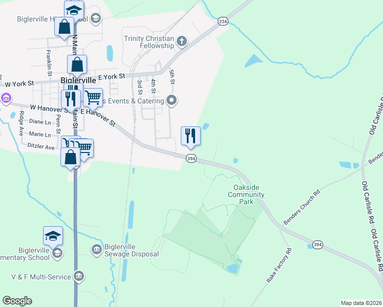 map of restaurants, bars, coffee shops, grocery stores, and more near 3055 Table Rock Road in Biglerville