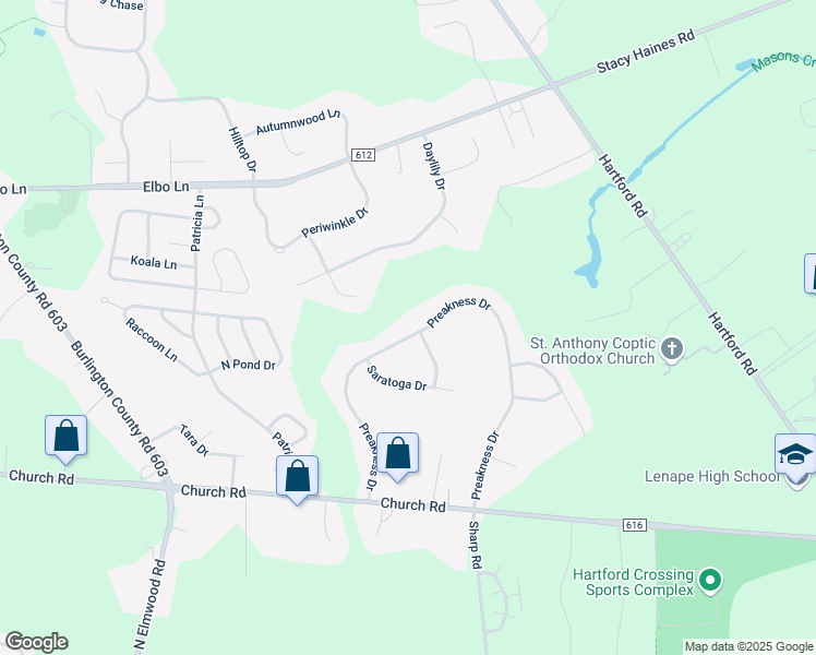 map of restaurants, bars, coffee shops, grocery stores, and more near 154 Preakness Drive in Mount Laurel Township