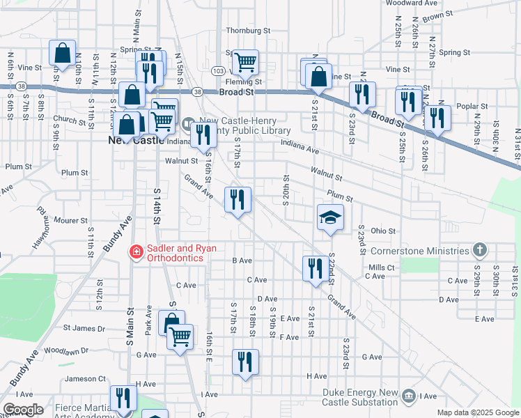 map of restaurants, bars, coffee shops, grocery stores, and more near 600 South 18th Street in New Castle