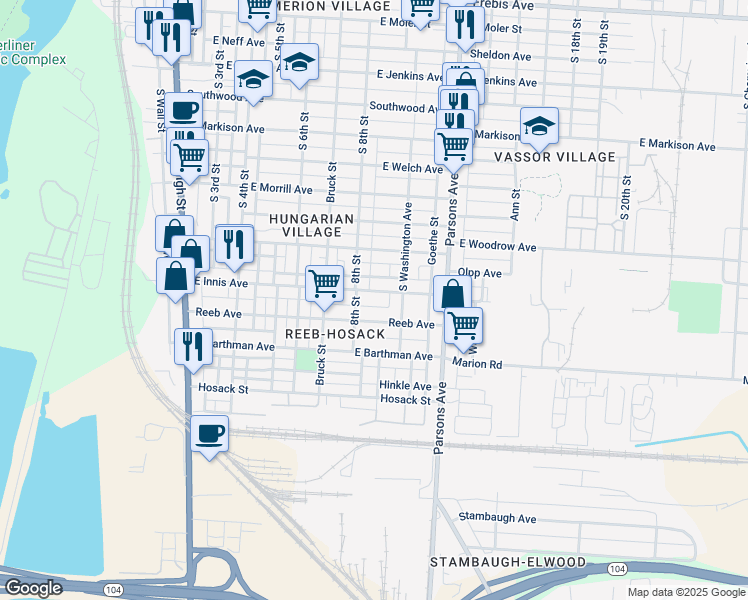map of restaurants, bars, coffee shops, grocery stores, and more near 299 East Innis Avenue in Columbus