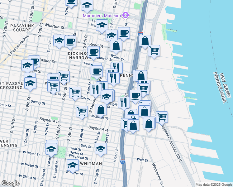 map of restaurants, bars, coffee shops, grocery stores, and more near 142 Pierce Street in Philadelphia