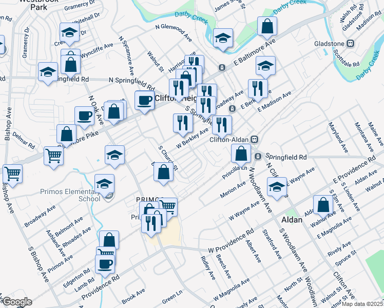 map of restaurants, bars, coffee shops, grocery stores, and more near 102 West Madison Avenue in Clifton Heights