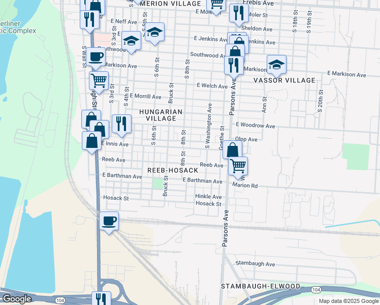 map of restaurants, bars, coffee shops, grocery stores, and more near 291 East Innis Avenue in Columbus