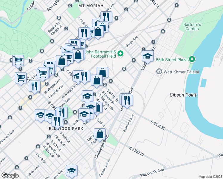 map of restaurants, bars, coffee shops, grocery stores, and more near 2530 South Millick Street in Philadelphia