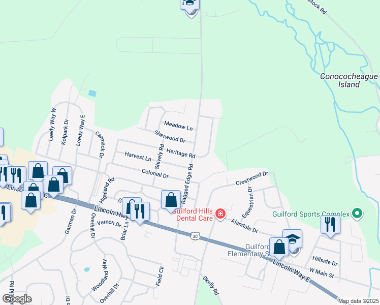 map of restaurants, bars, coffee shops, grocery stores, and more near 225 Heritage Road in Chambersburg