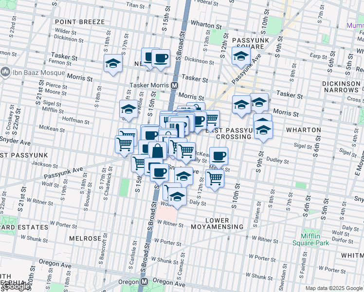 map of restaurants, bars, coffee shops, grocery stores, and more near 1323 McKean Street in Philadelphia
