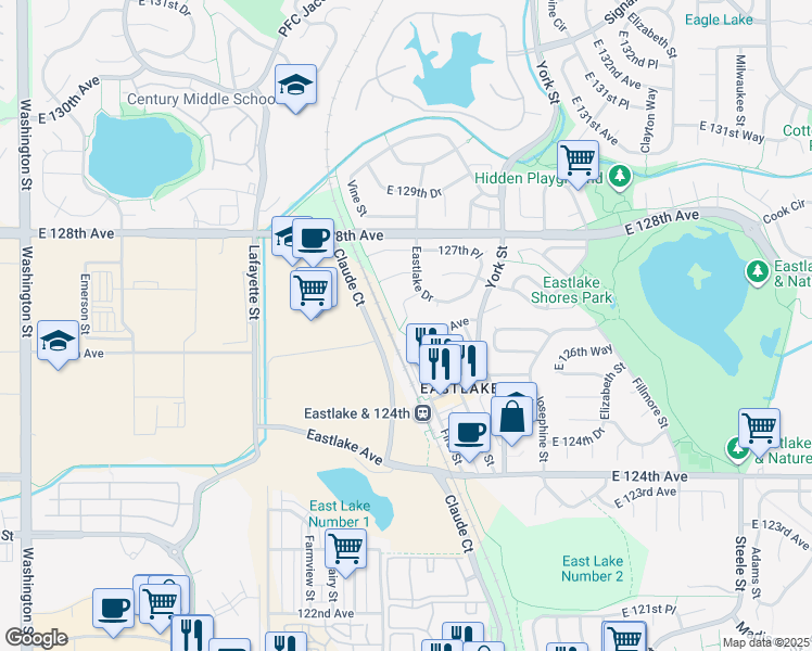 map of restaurants, bars, coffee shops, grocery stores, and more near 2040 East 125th Place in Thornton