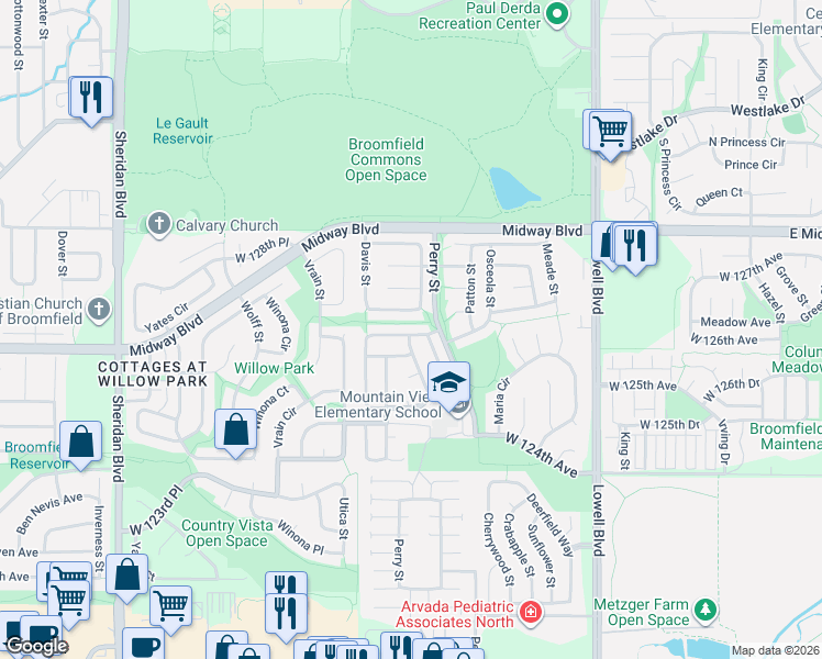 map of restaurants, bars, coffee shops, grocery stores, and more near 4266 Snowbird Avenue in Broomfield