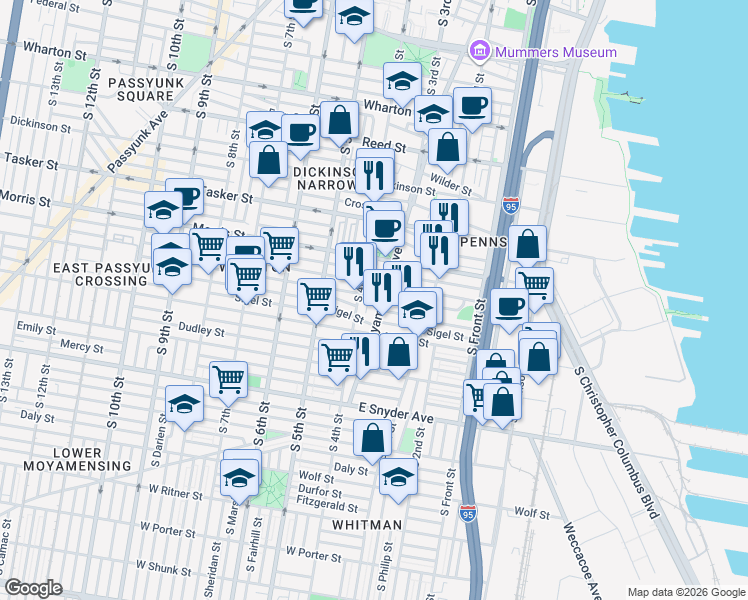 map of restaurants, bars, coffee shops, grocery stores, and more near in Philadelphia