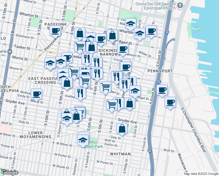 map of restaurants, bars, coffee shops, grocery stores, and more near 1820 South 5th Street in Philadelphia