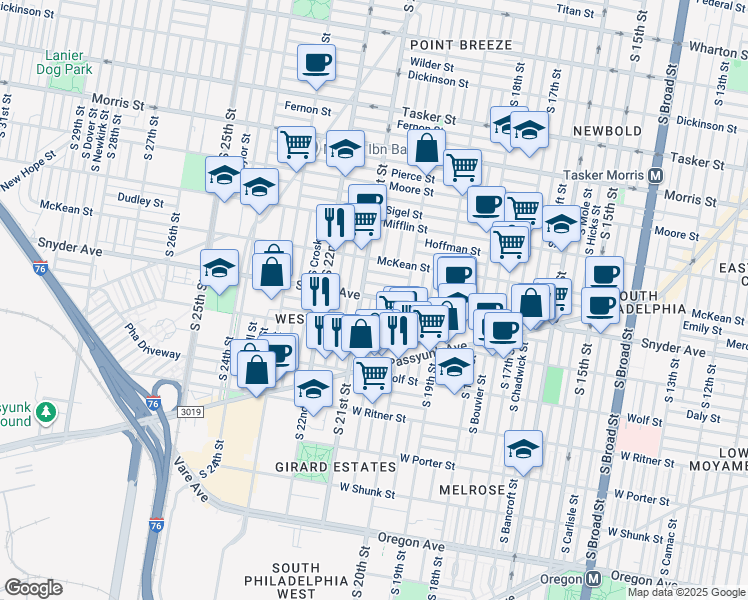 map of restaurants, bars, coffee shops, grocery stores, and more near 2104 South Woodstock Street in Philadelphia