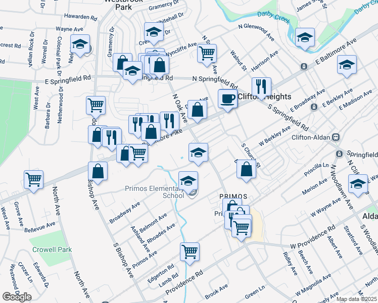 map of restaurants, bars, coffee shops, grocery stores, and more near 50 South Oak Avenue in Delaware County