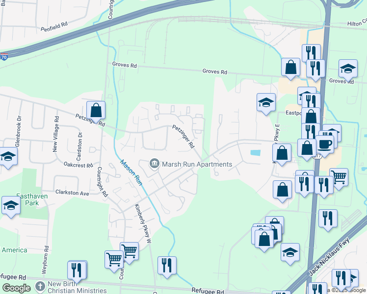 map of restaurants, bars, coffee shops, grocery stores, and more near 3798 Zephyr Place in Columbus