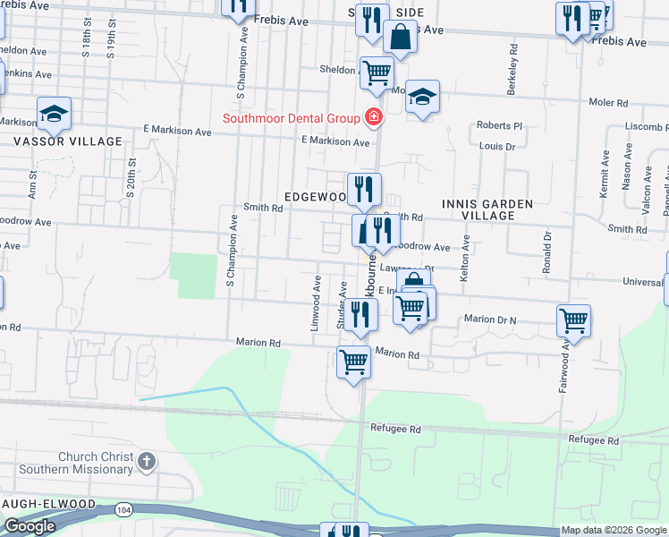 map of restaurants, bars, coffee shops, grocery stores, and more near 1071 Lawrence Drive in Columbus