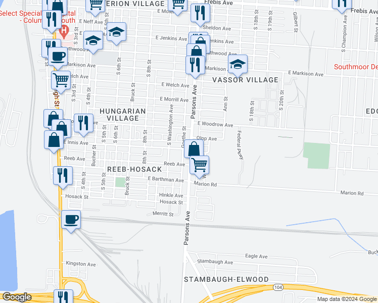 map of restaurants, bars, coffee shops, grocery stores, and more near 1833 Parsons Avenue in Columbus