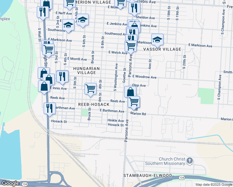 map of restaurants, bars, coffee shops, grocery stores, and more near 1836 South Washington Avenue in Columbus