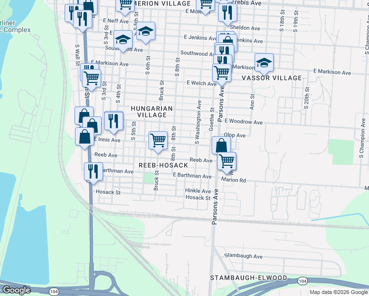 map of restaurants, bars, coffee shops, grocery stores, and more near 299 East Innis Avenue in Columbus