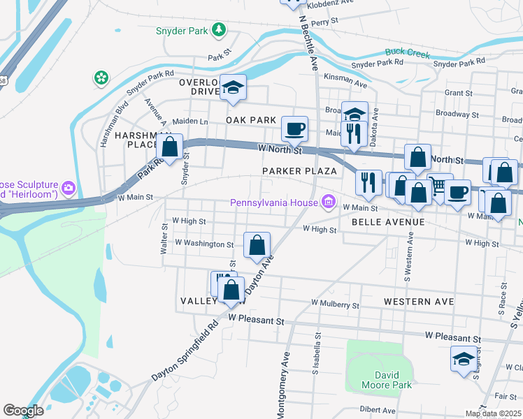 map of restaurants, bars, coffee shops, grocery stores, and more near 1529 West Main Street in Springfield