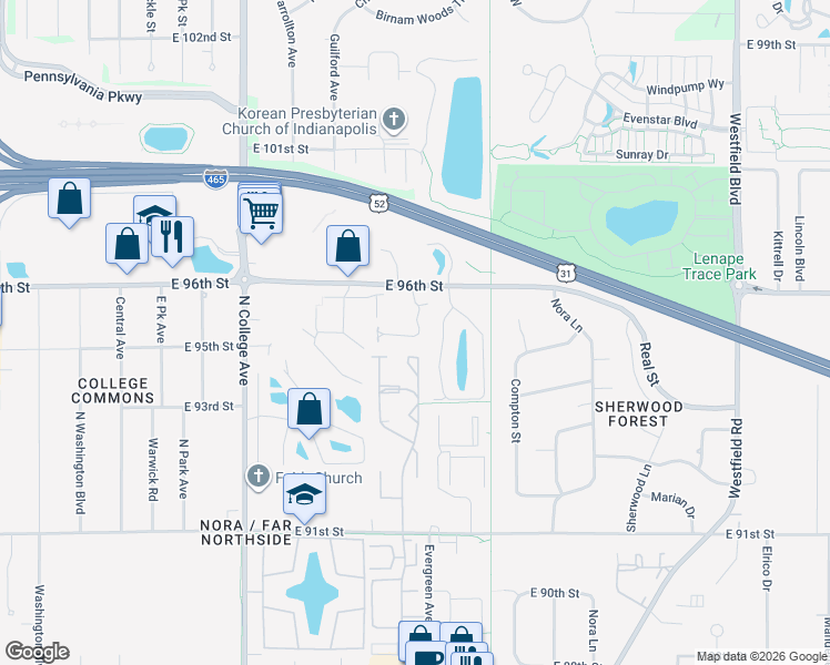 map of restaurants, bars, coffee shops, grocery stores, and more near 9517 Longwell Drive in Indianapolis