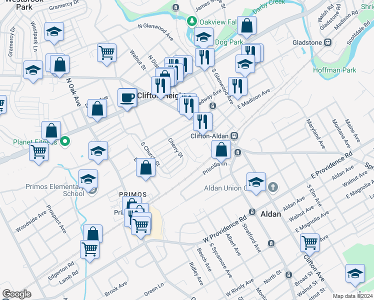 map of restaurants, bars, coffee shops, grocery stores, and more near 506 Chester Avenue in Clifton Heights