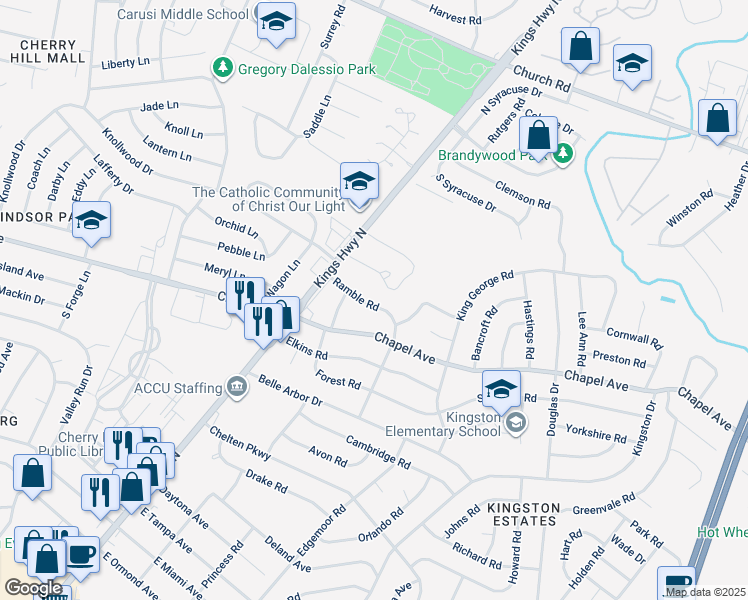 map of restaurants, bars, coffee shops, grocery stores, and more near 113 Ramble Road in Cherry Hill