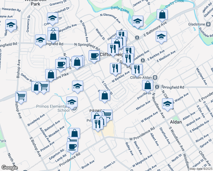 map of restaurants, bars, coffee shops, grocery stores, and more near 309 South Church Street in Clifton Heights