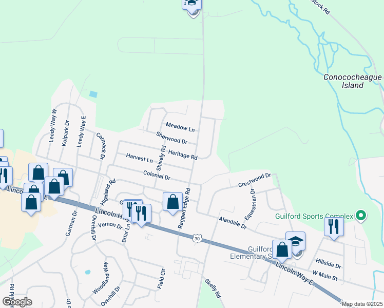 map of restaurants, bars, coffee shops, grocery stores, and more near 225 Heritage Road in Chambersburg