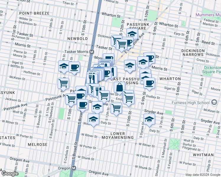 map of restaurants, bars, coffee shops, grocery stores, and more near 1935 South Iseminger Street in Philadelphia