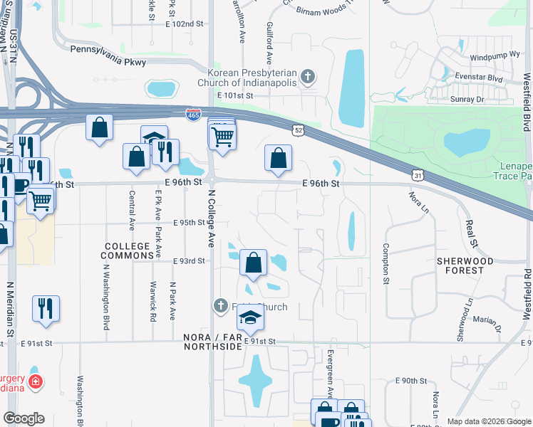 map of restaurants, bars, coffee shops, grocery stores, and more near 951 Carlyle Lane in Indianapolis