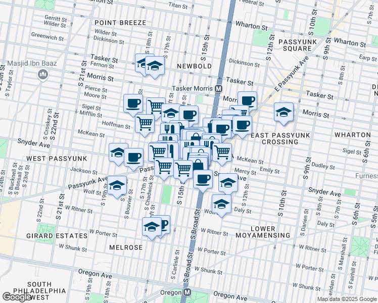 map of restaurants, bars, coffee shops, grocery stores, and more near 1442 McKean Street in Philadelphia