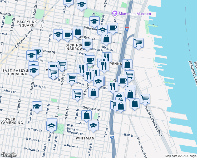 map of restaurants, bars, coffee shops, grocery stores, and more near 207 Moore Street in Philadelphia