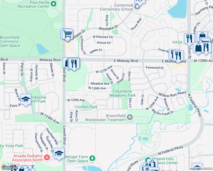 map of restaurants, bars, coffee shops, grocery stores, and more near 3208 Meadow Avenue in Broomfield