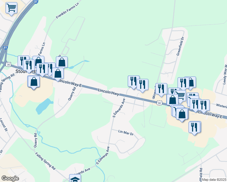 map of restaurants, bars, coffee shops, grocery stores, and more near 1449 Lincoln Way East in Chambersburg