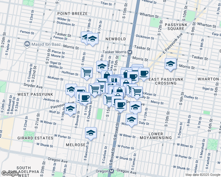 map of restaurants, bars, coffee shops, grocery stores, and more near 2002 South 15th Street in Philadelphia