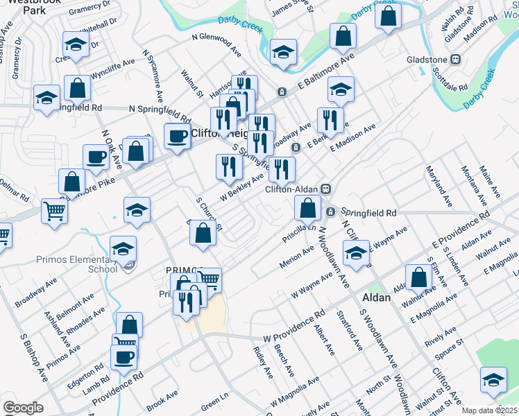 map of restaurants, bars, coffee shops, grocery stores, and more near 506 Chester Avenue in Clifton Heights