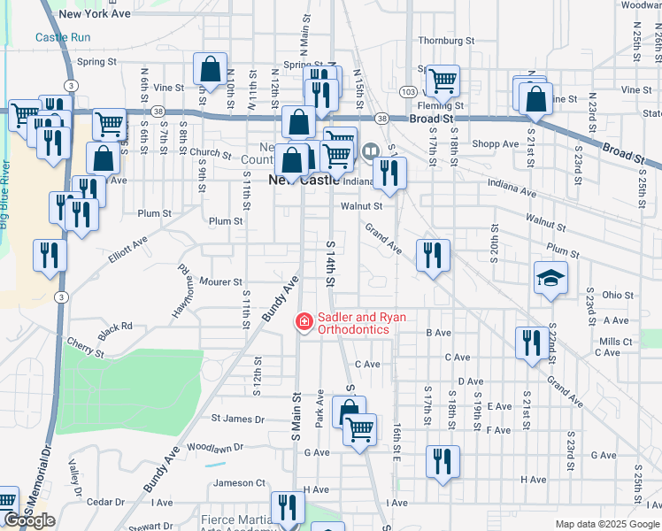 map of restaurants, bars, coffee shops, grocery stores, and more near 614 South 14th Street in New Castle