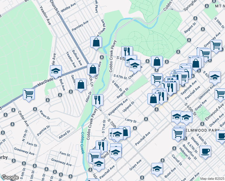 map of restaurants, bars, coffee shops, grocery stores, and more near 6831 Chester Avenue in Philadelphia