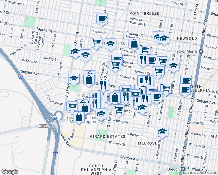 map of restaurants, bars, coffee shops, grocery stores, and more near 2116 South 21st Street in Philadelphia