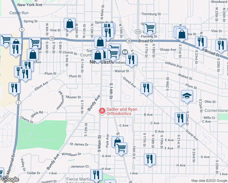 map of restaurants, bars, coffee shops, grocery stores, and more near 614 South 14th Street in New Castle
