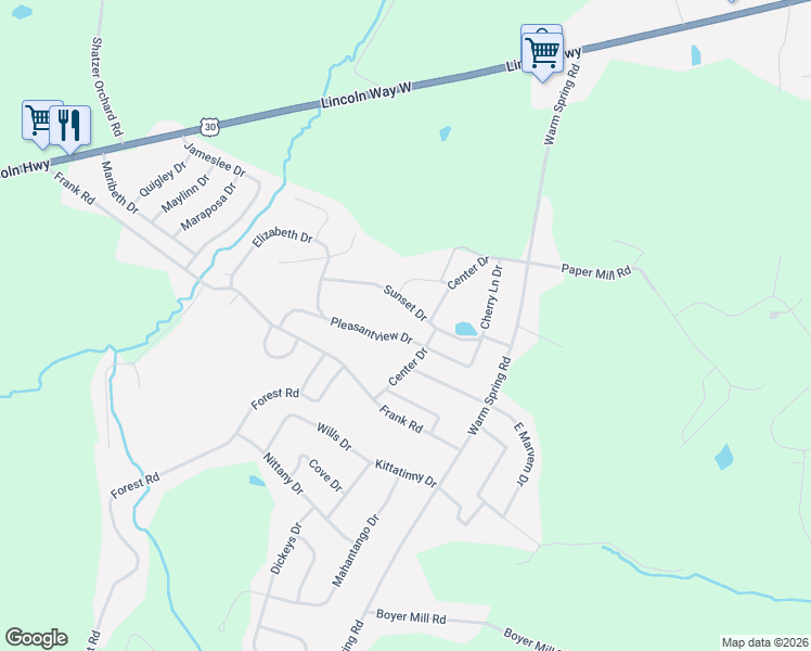 map of restaurants, bars, coffee shops, grocery stores, and more near 1387 Pleasantview Drive in Chambersburg