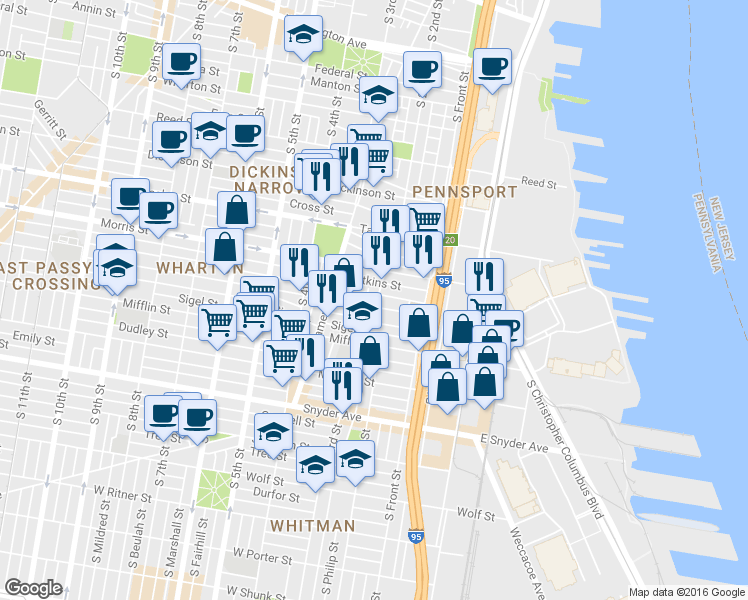 map of restaurants, bars, coffee shops, grocery stores, and more near 1738 South 2nd Street in Philadelphia
